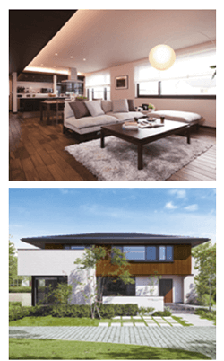 上質な木材に包まれた寛ぎの空間、地震と火災に強いビッグフレーム構法、ZEH（ゼロエネルギーハウス）対応の高断熱性能